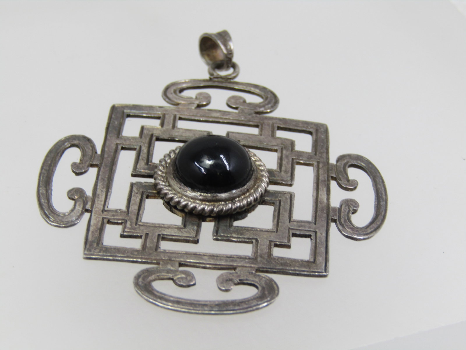 Vintage Sterling Onyx Pendant, Asian/Bali Themed, 2-3/8" - 3