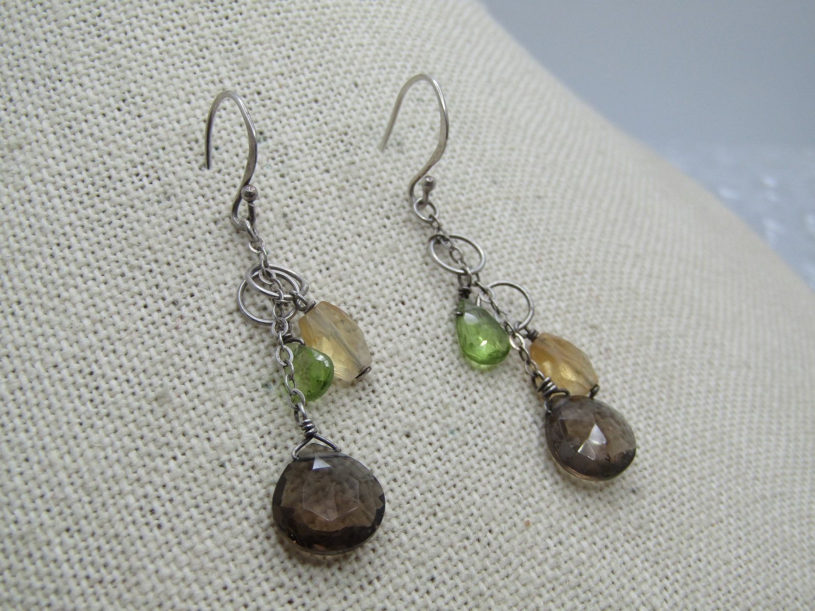 Vintage Sterling Topaz, Citrine, Peridot Earrings, Pierced/Drop, 1980's-1990's - 2