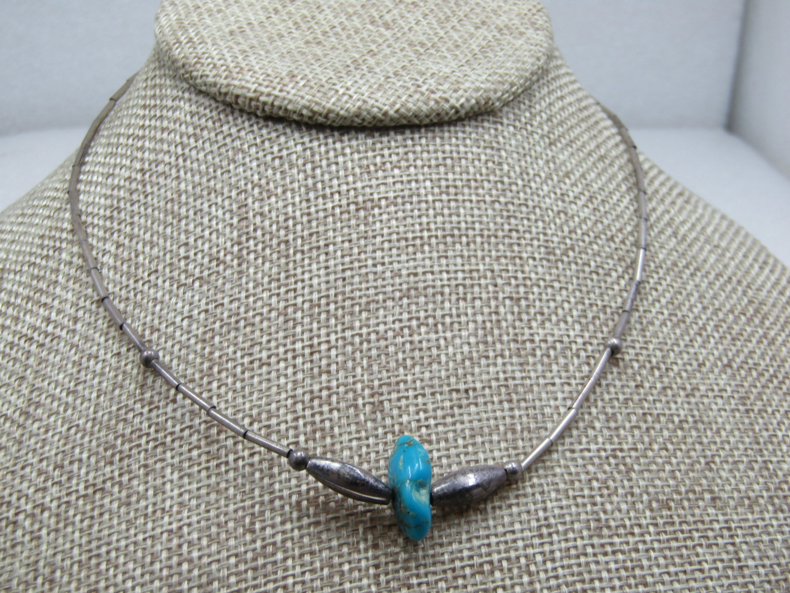Vintage Sterling Southwestern Beaded Turquoise Necklace, 16" - 3