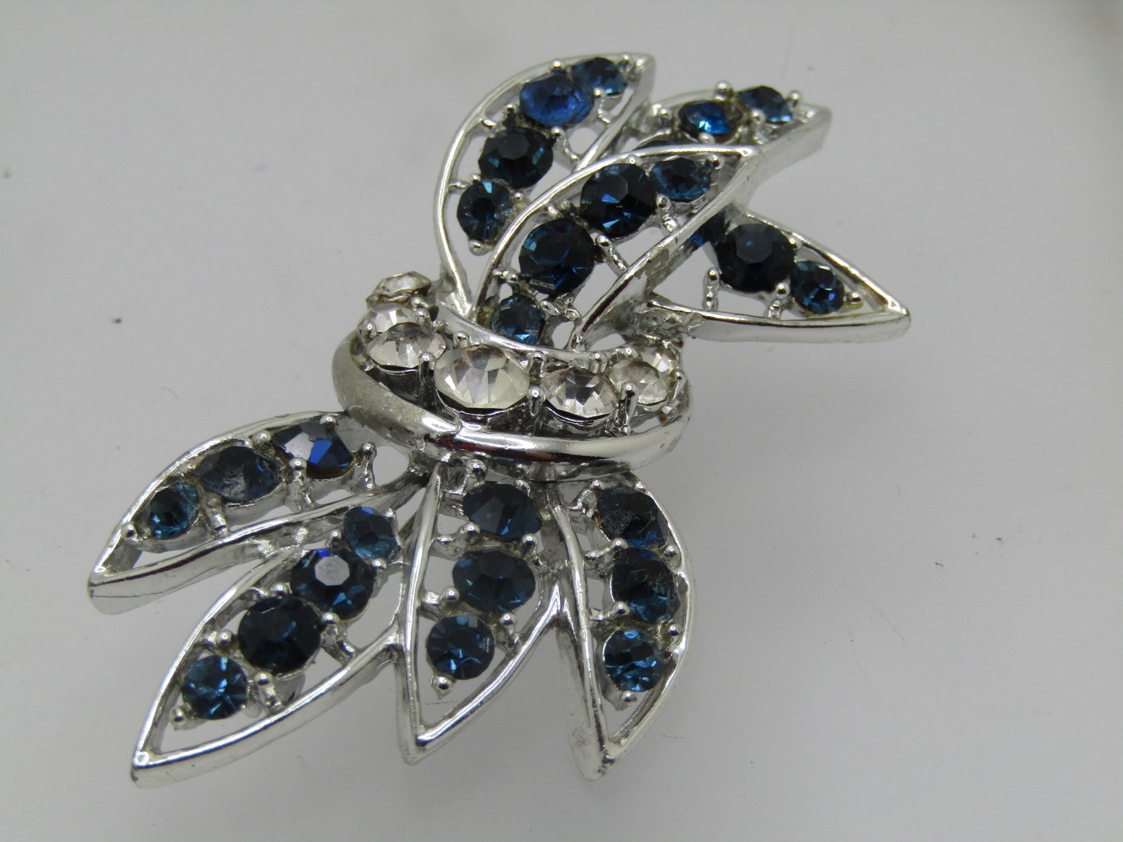 Vintage Blue & Clear Rhinestone Swag Brooch, 2.5" - 2