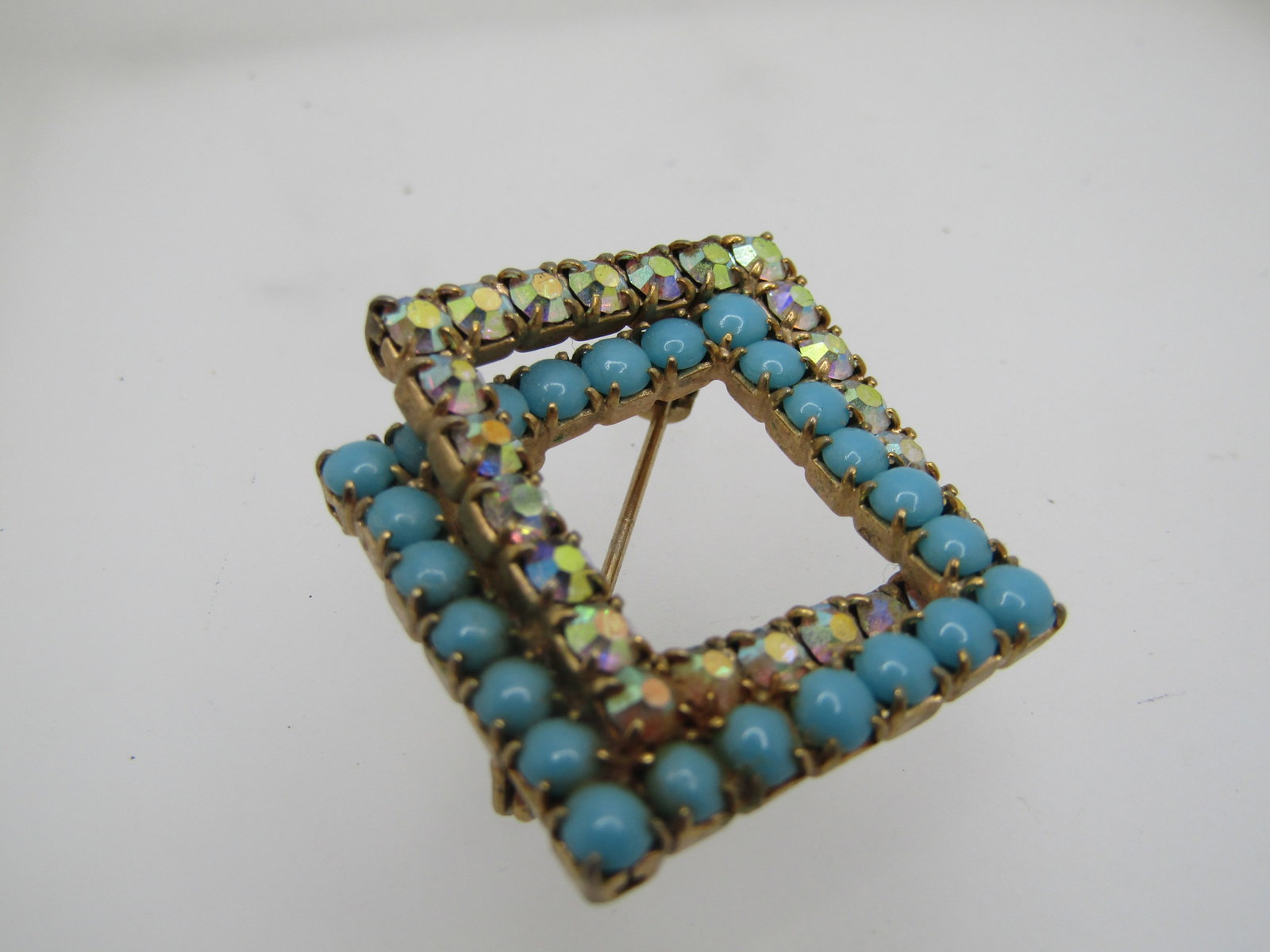 Vintage Turquoise and AB Glass Square Brooch, 1950s-1960's - 2