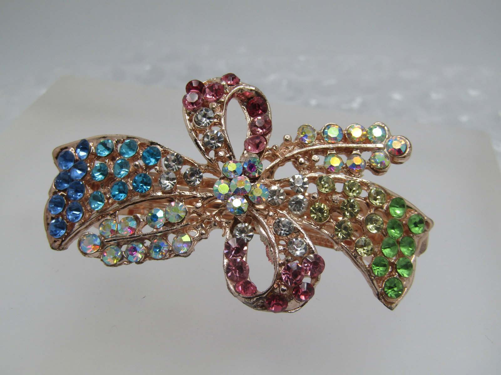 Rose Gold Tone Rhinestone Bow Barrette. 2.25" by 1.5" - 2