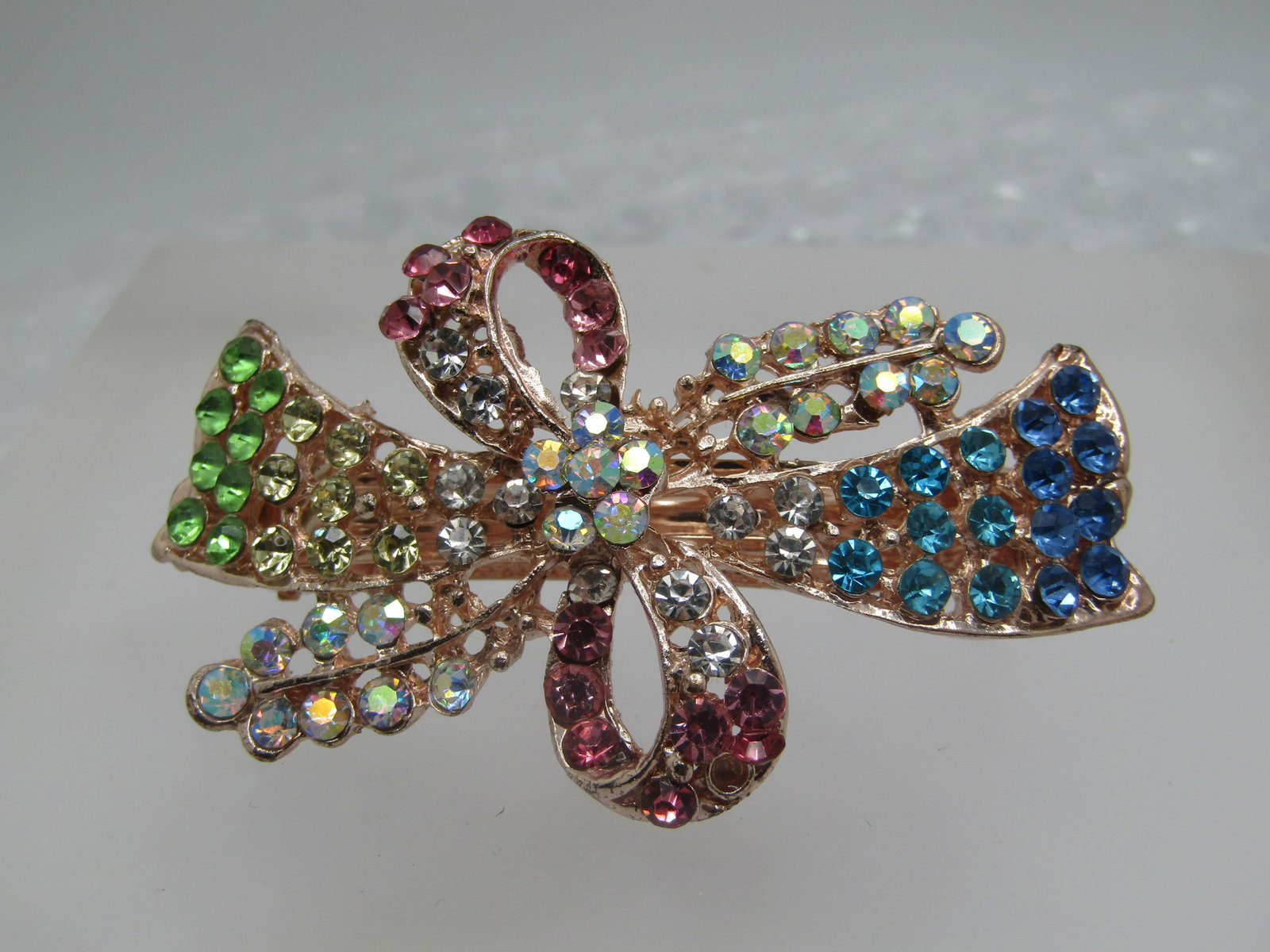Rose Gold Tone Rhinestone Bow Barrette. 2.25" by 1.5" - 3