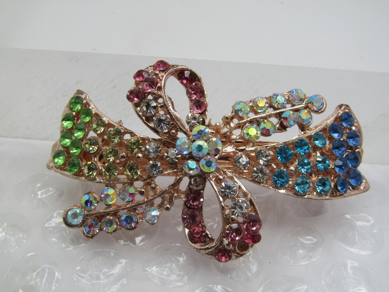 Rose Gold Tone Rhinestone Bow Barrette. 2.25" by 1.5" - 5