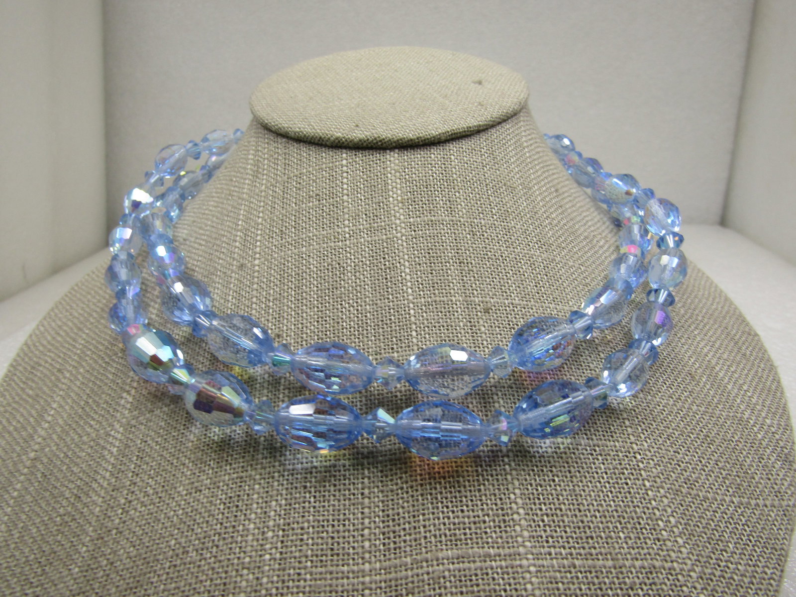 Vintage Blue Crystal Aurora Borealis Double Strand Necklace mid-century (1 of 5)