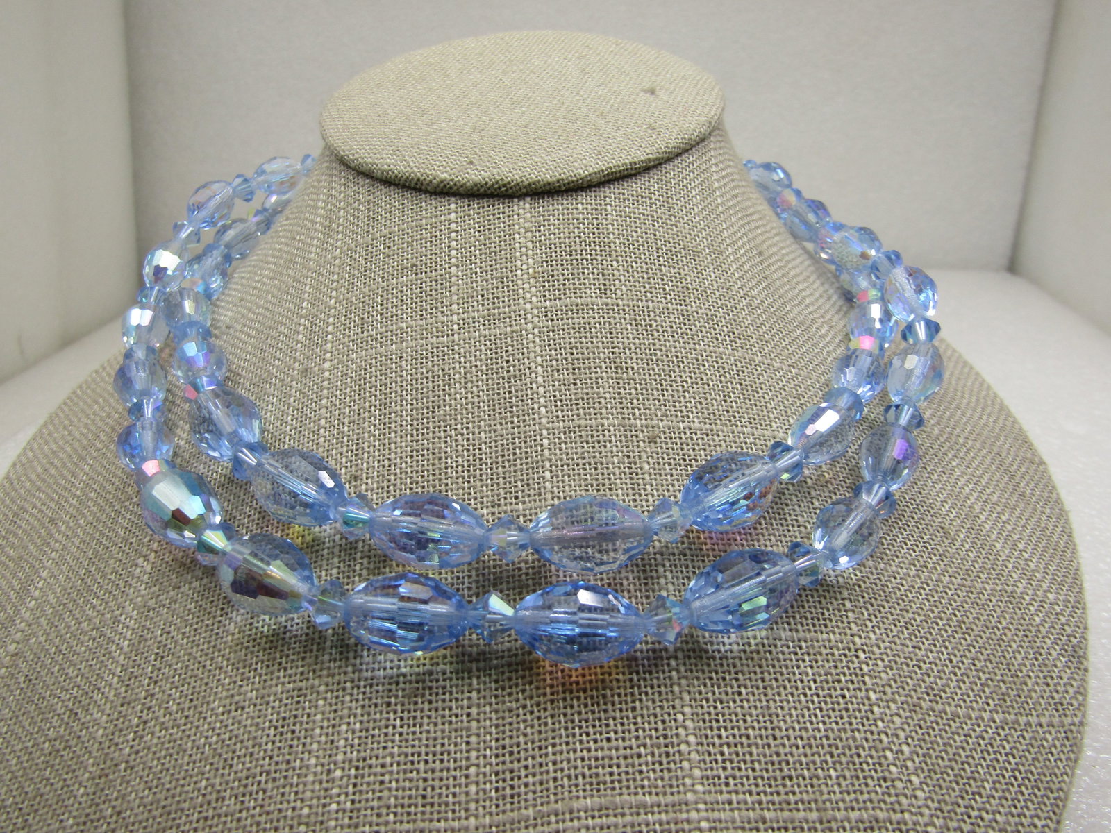 Vintage Blue Crystal Aurora Borealis Double Strand Necklace mid-century - 2