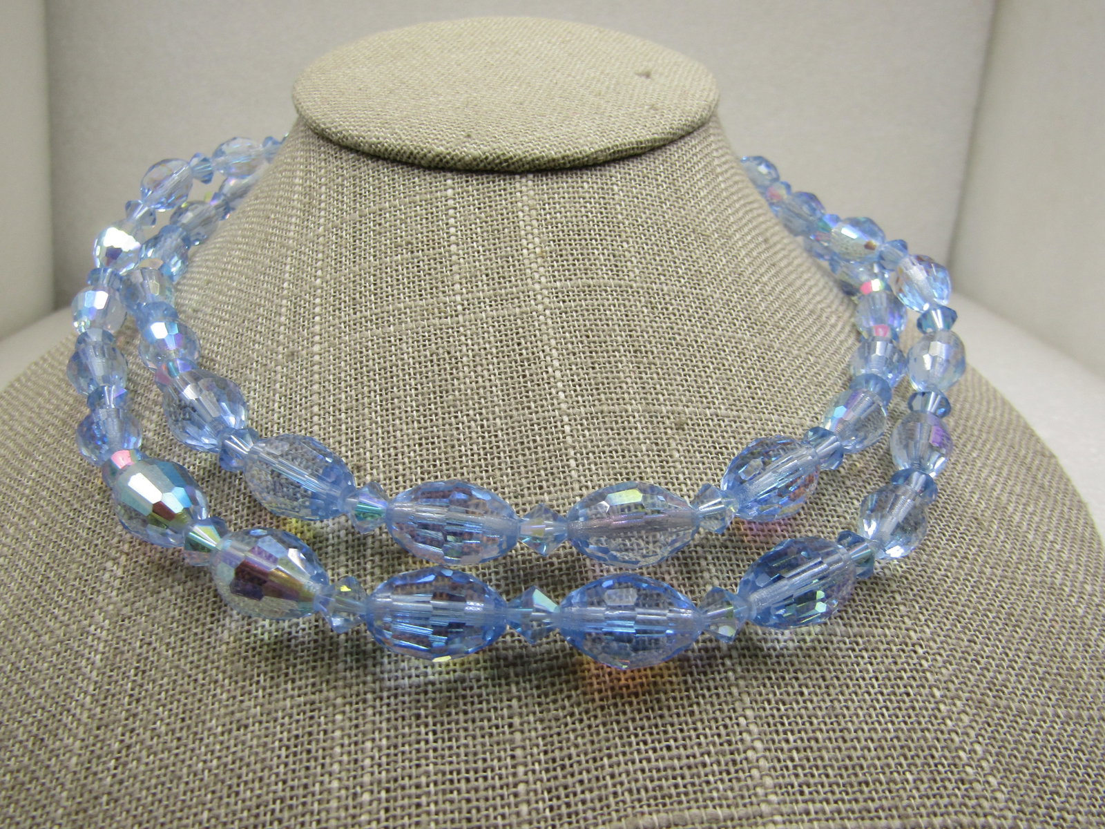 Vintage Blue Crystal Aurora Borealis Double Strand Necklace mid-century - 3
