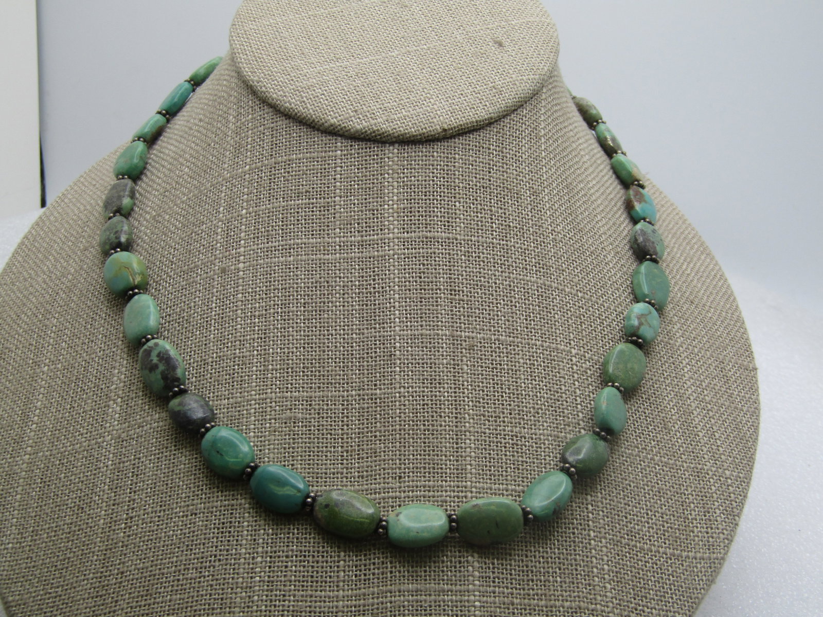 Vintage Sterling Turquoise Necklace, 18" Toggle Clasp,, Southwestern, 990's-2000's: Vintage Sterling Turquoise Necklace, 18" Toggle Clasp, 1990's-2000's. Southwestern Vibe. This has mixed turquoise beads, blue/green hues with some not sure of the mines these came from. Oval beads tha