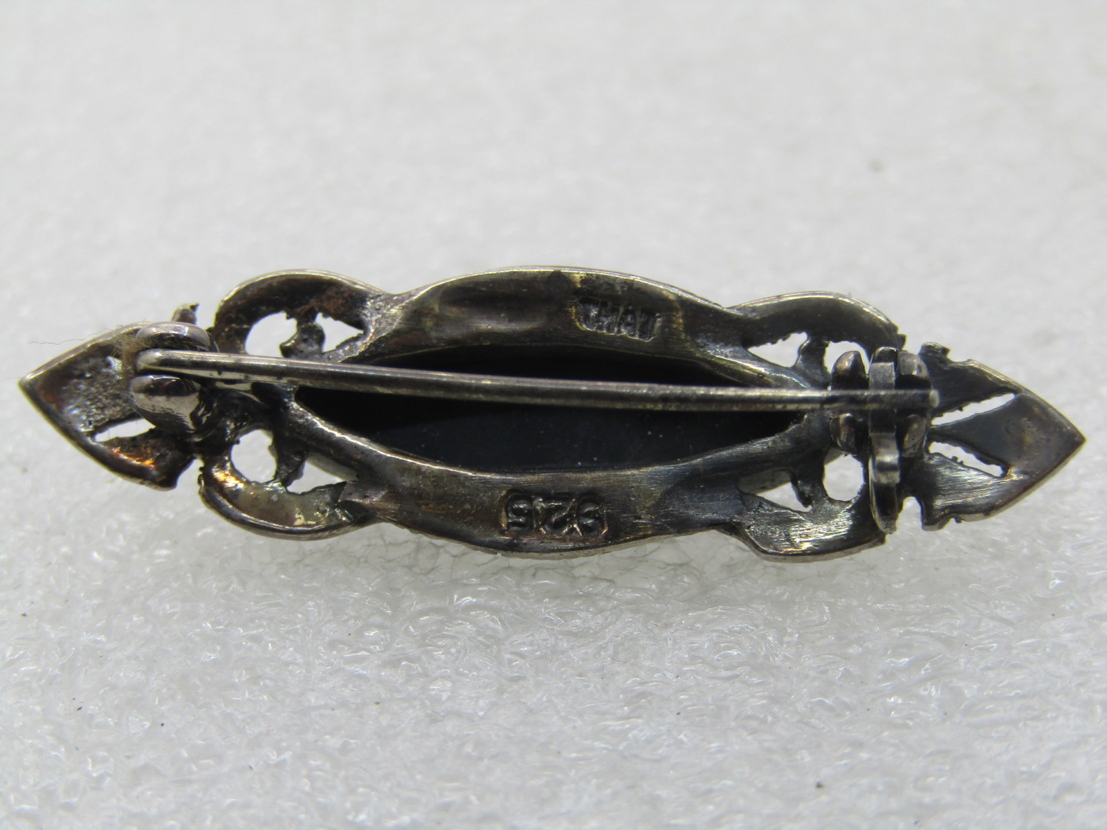 Vintage Sterling Onyx Marcasite Brooch, 1.5" by 1/2" - 4