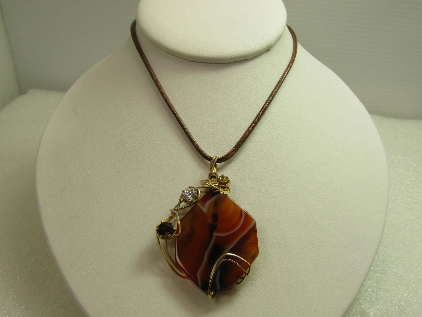 Vintage Montana Agate Wrapped Necklace, Three Quartz/Citrine Stones, 1980's-1990's, 18"-20": Vintage Montana Agate Wrapped Necklace, Quartz & Citrine, 1980's-1990's, 18"-20", The agate is wrapped with two strands of gold filed wire around the top and bottom and left side with three prong-set 