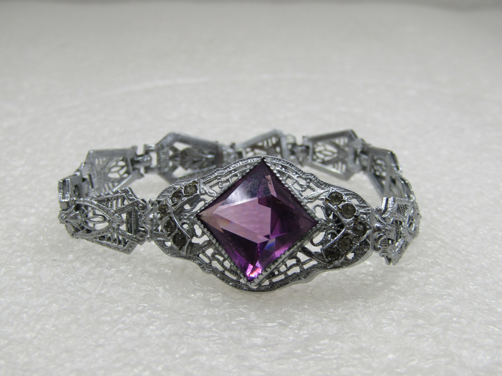 Rhodium Plated Art Deco Filigree Bracelet, Purple Stone, 6.5" (1 of 9)