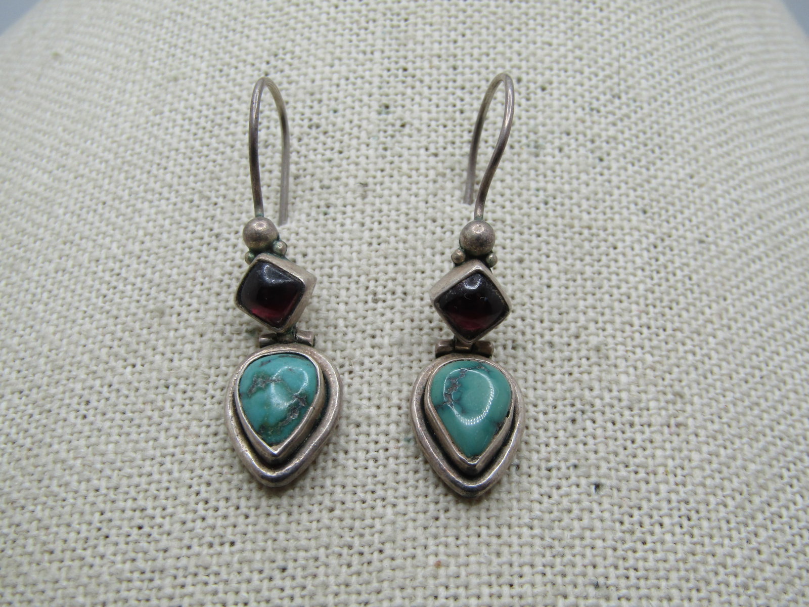 Vintage Sterling Southwestern Turquoise Amethyst Earrings, Pierced, 1980's-1990's: Vintage Sterling Southwestern Turquoise Amethyst Earrings, Pierced, 1980's-1990's. these are 1.5" from the curve in the hook post. They are marked .925 and tested. Test as sterling with a weight of