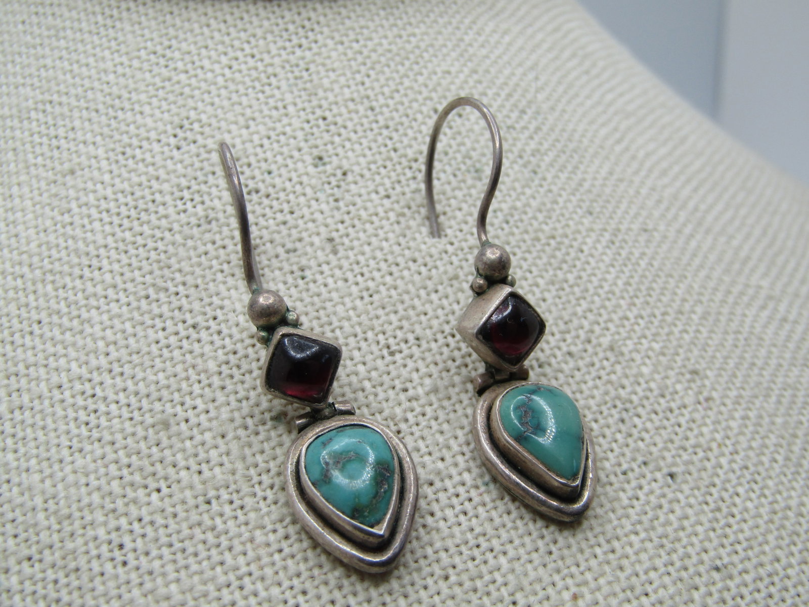 Vintage Sterling Southwestern Turquoise Amethyst Earrings, Pierced, 1980's-1990's - 2