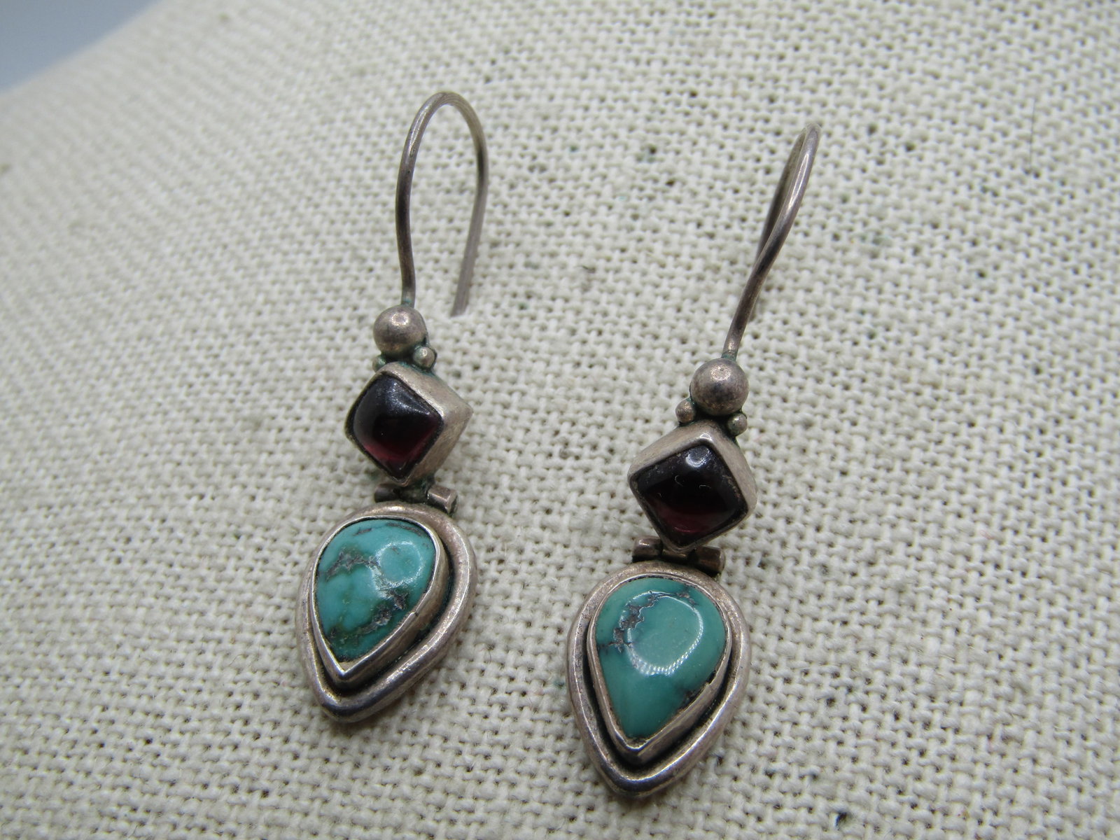 Vintage Sterling Southwestern Turquoise Amethyst Earrings, Pierced, 1980's-1990's - 3