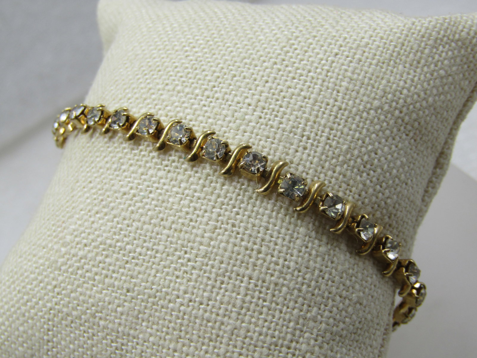 Vintage Clear Rhinestone Tennis Bracelet, 7.25", Gold Tone - 2