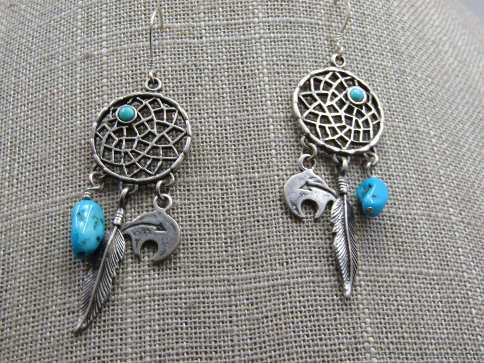 Vintage Sterling Southwestern Turquoise Dreamcatcher Earrings - 2