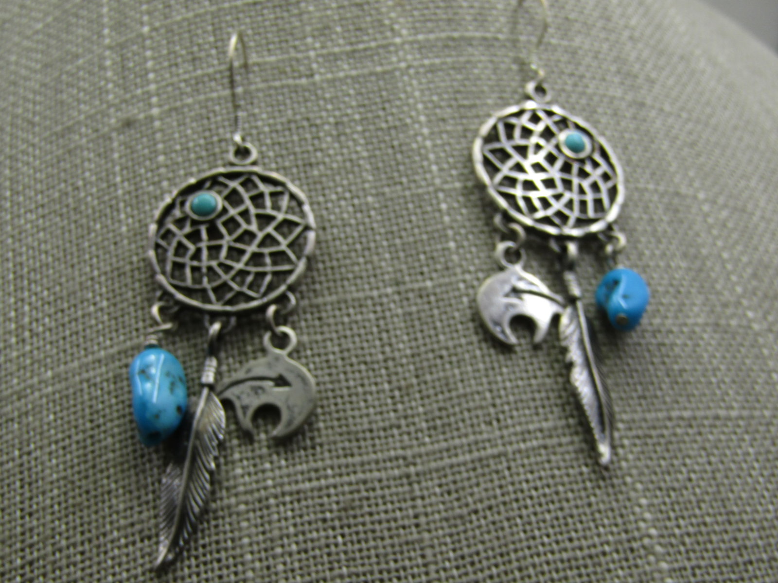 Vintage Sterling Southwestern Turquoise Dreamcatcher Earrings - 3