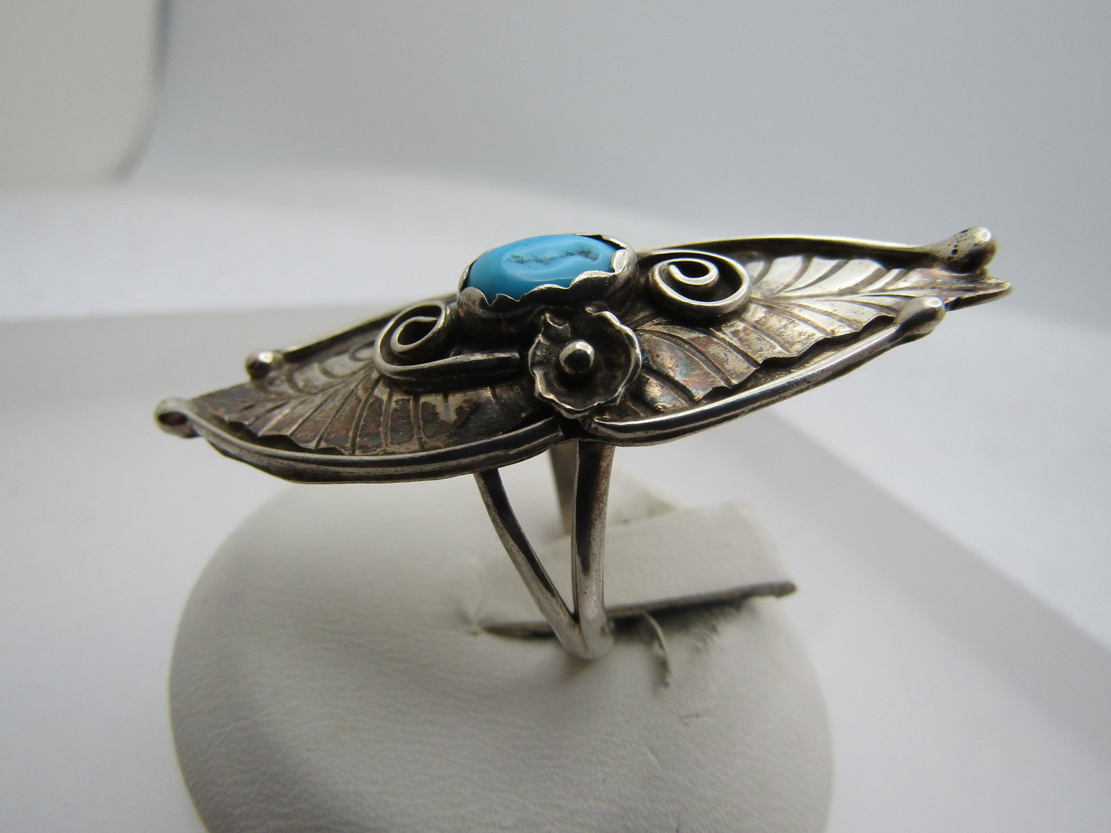 Vintage Sterling Southwestern Turquoise Ring, Long, Sz. 6.5, Signed E, 1970's-1980's - 4