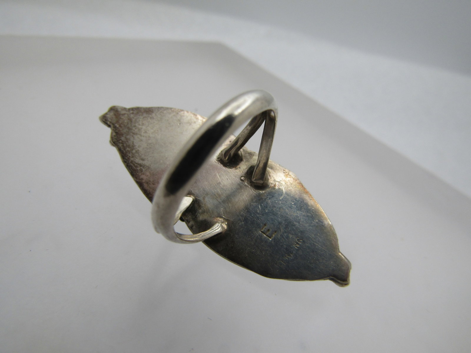 Vintage Sterling Southwestern Turquoise Ring, Long, Sz. 6.5, Signed E, 1970's-1980's - 6
