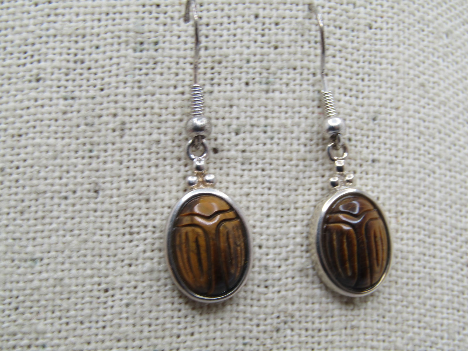 Vintage Tiger's Eye Scarab Earrings, Sterling & Silver tone, 1980's-1990's - 2