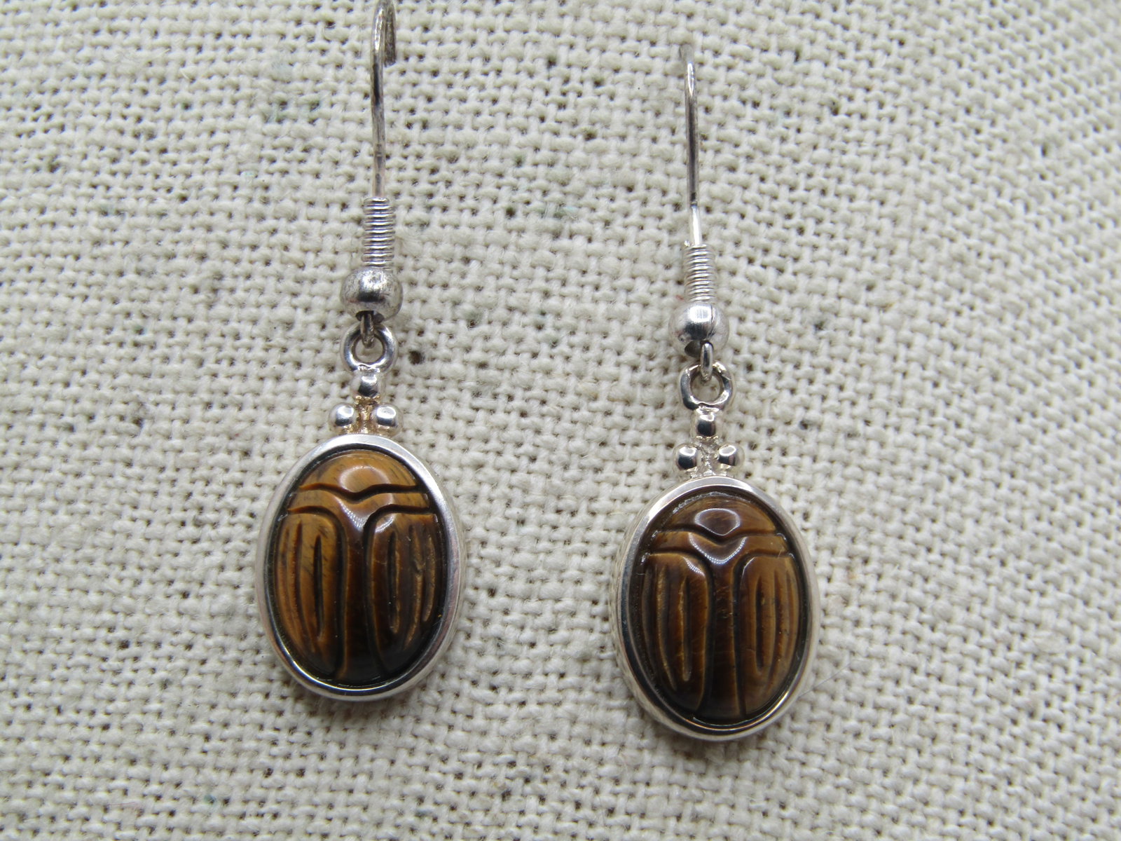 Vintage Tiger's Eye Scarab Earrings, Sterling & Silver tone, 1980's-1990's - 3