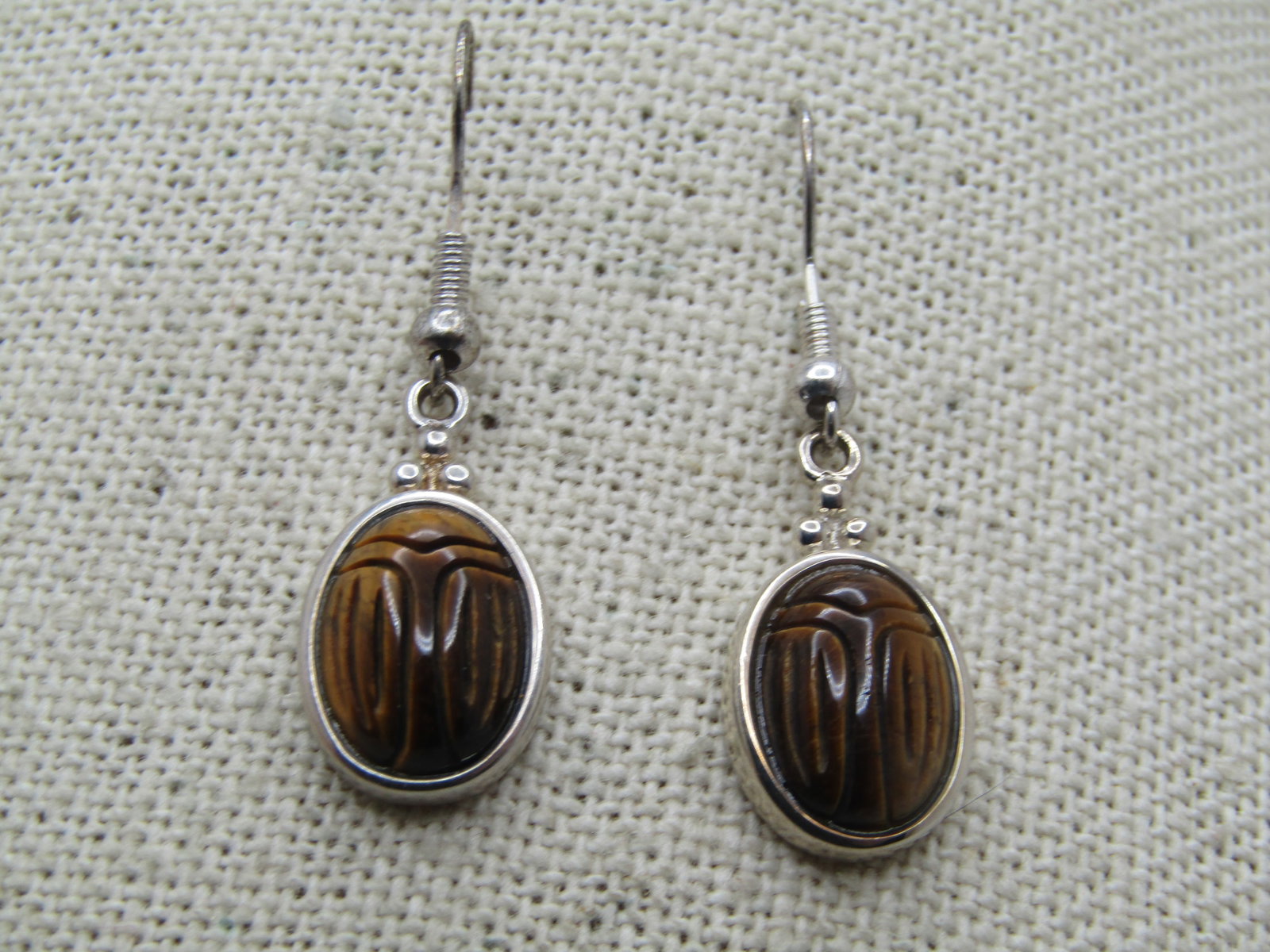 Vintage Tiger's Eye Scarab Earrings, Sterling & Silver tone, 1980's-1990's - 4
