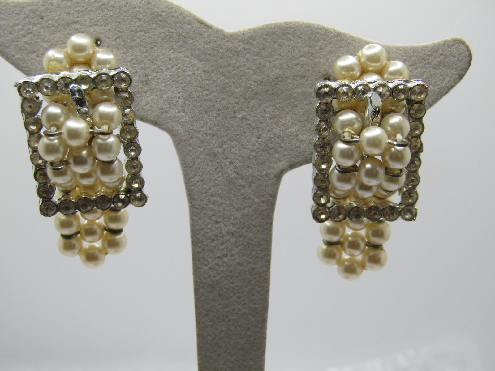 Vintage Faux Pearl & Rhinestone Belt Earrings, Clip, 1940's - 2