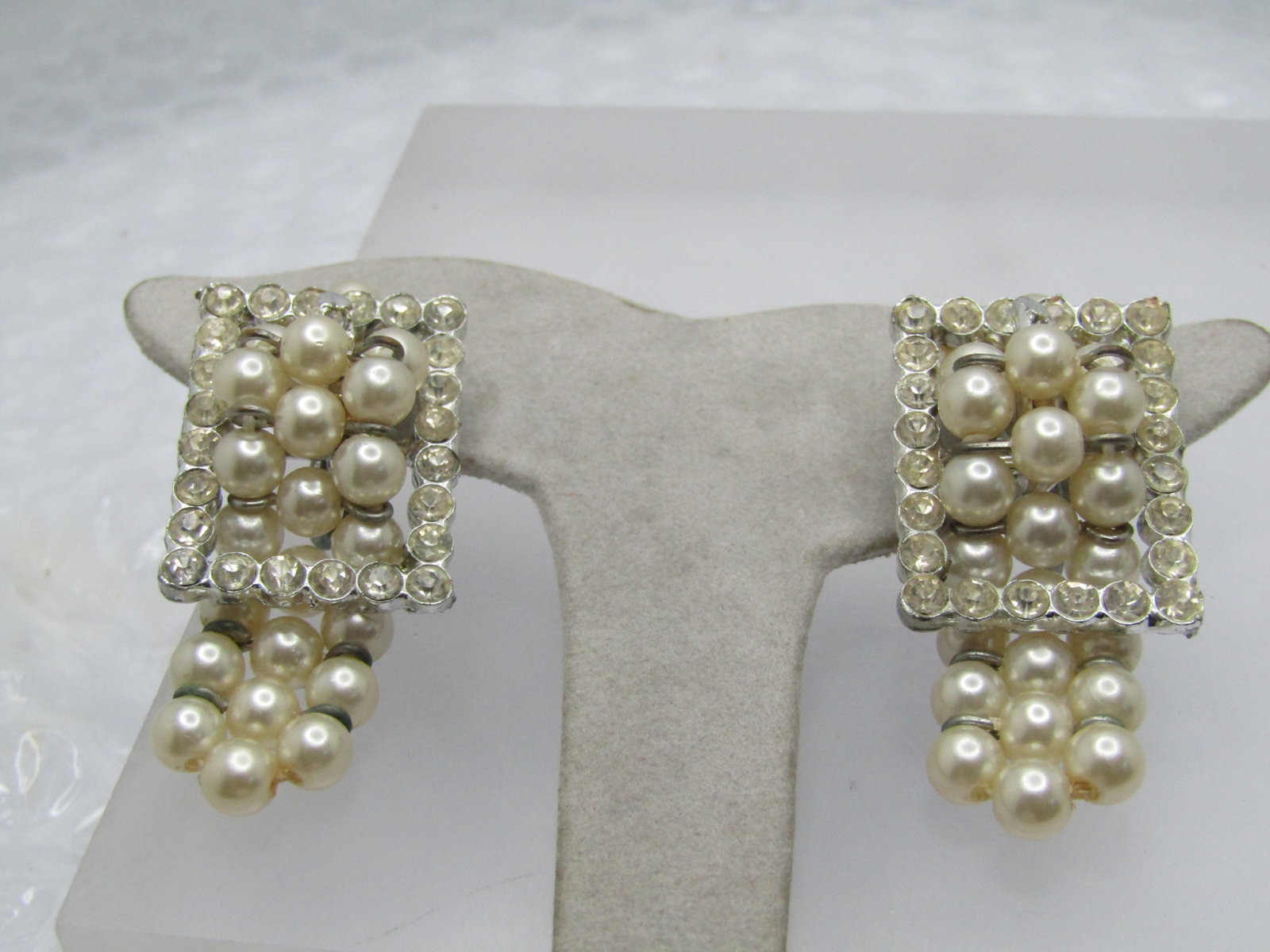 Vintage Faux Pearl & Rhinestone Belt Earrings, Clip, 1940's - 3