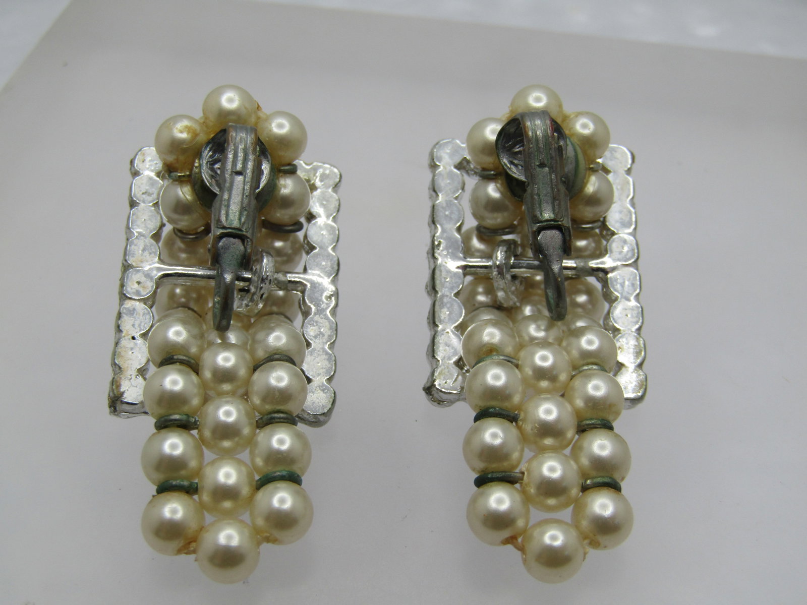 Vintage Faux Pearl & Rhinestone Belt Earrings, Clip, 1940's - 4