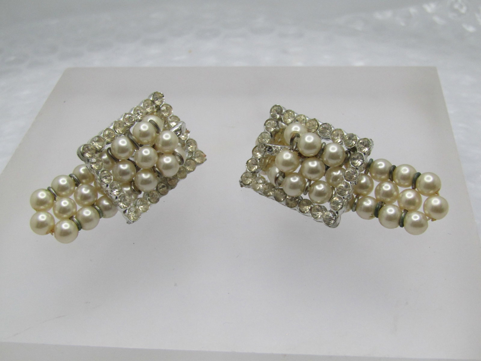Vintage Faux Pearl & Rhinestone Belt Earrings, Clip, 1940's - 5