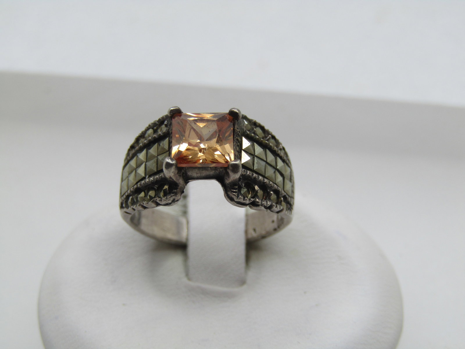 Vintage Sterling Citrine Marcasite Wide Ring, Sz 5.5, 1980's, Signed Marsala: Vintage Sterling Citrine Marcasite Wide Ring, Sz 5.5, 1980's, Signed Marsala. This has an appx. 6mm square citrine set with four prongs that sit up higher than the wide upper band that has square mara