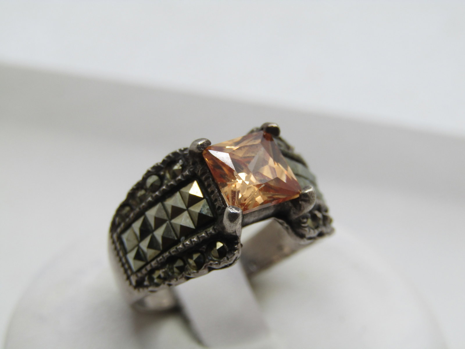Vintage Sterling Citrine Marcasite Wide Ring, Sz 5.5, 1980's, Signed Marsala - 2