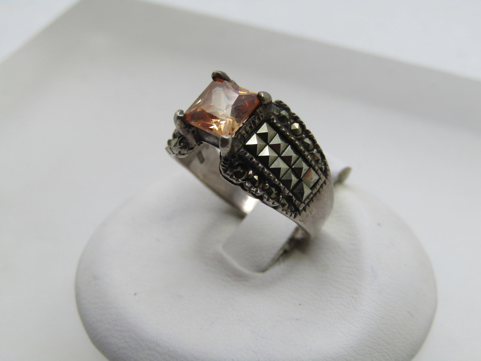 Vintage Sterling Citrine Marcasite Wide Ring, Sz 5.5, 1980's, Signed Marsala - 3