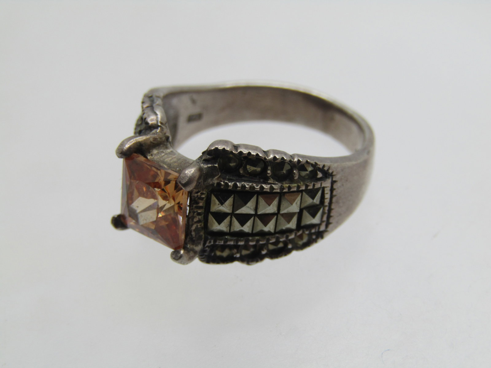 Vintage Sterling Citrine Marcasite Wide Ring, Sz 5.5, 1980's, Signed Marsala - 5