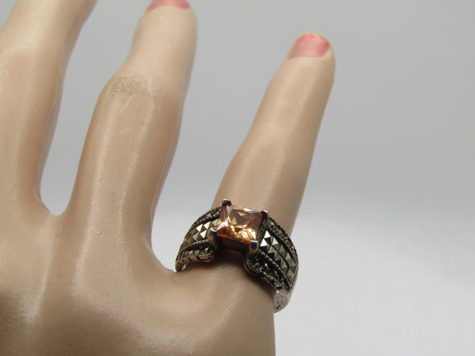 Vintage Sterling Citrine Marcasite Wide Ring, Sz 5.5, 1980's, Signed Marsala - 6