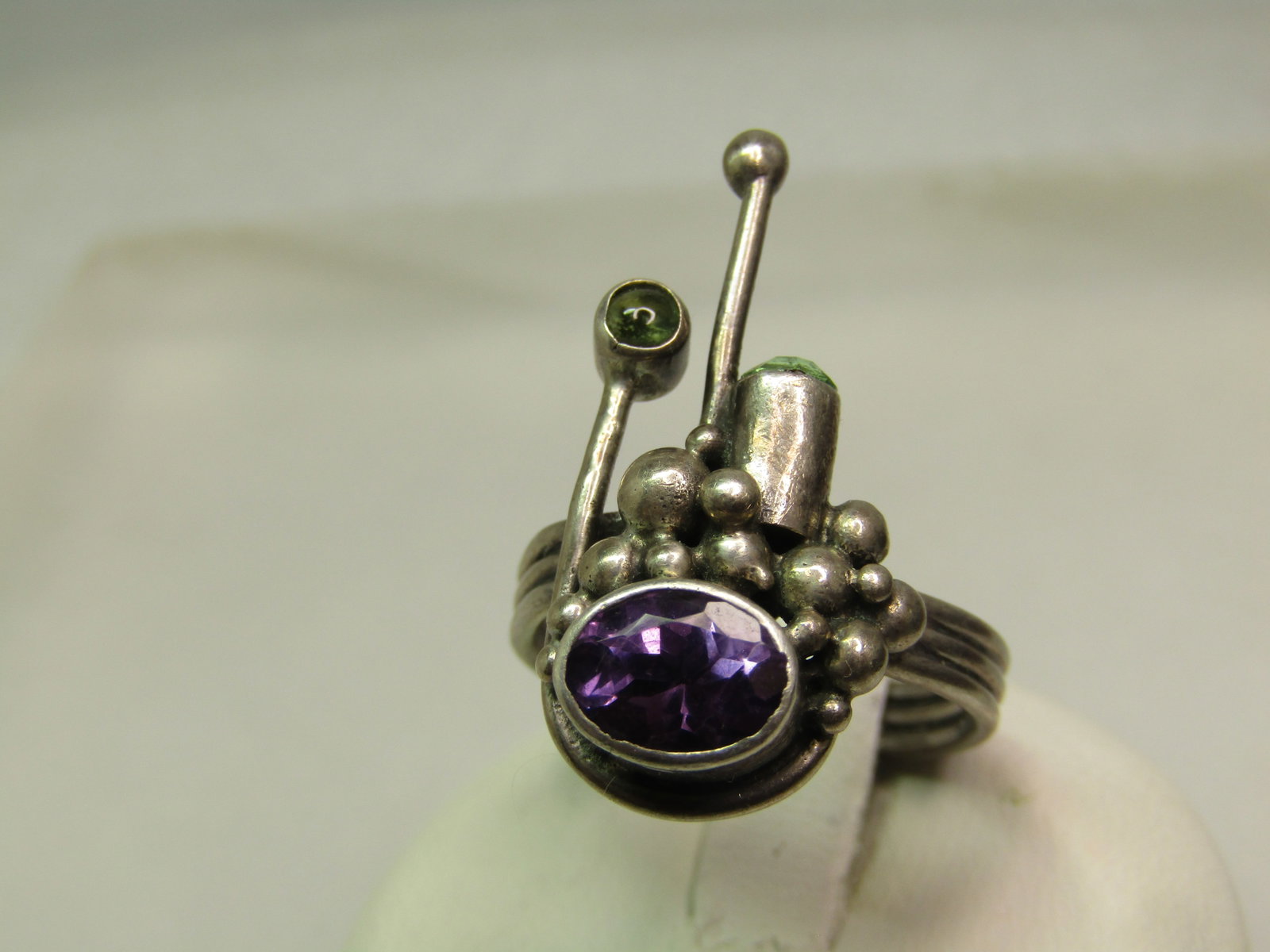 Vintage Sterling Amethyst Peridot Ring, Modernist, Sz. 8, 1980's - 2