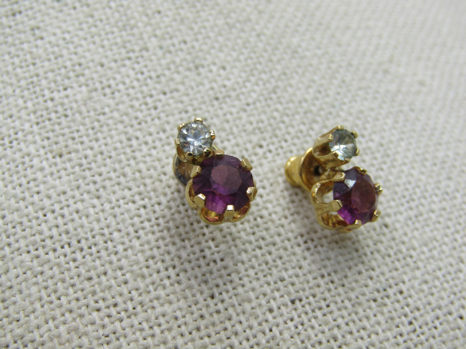 Vintage Purple Clear Rhinestone Earrings, Pierced, 1970's-1980's - 2