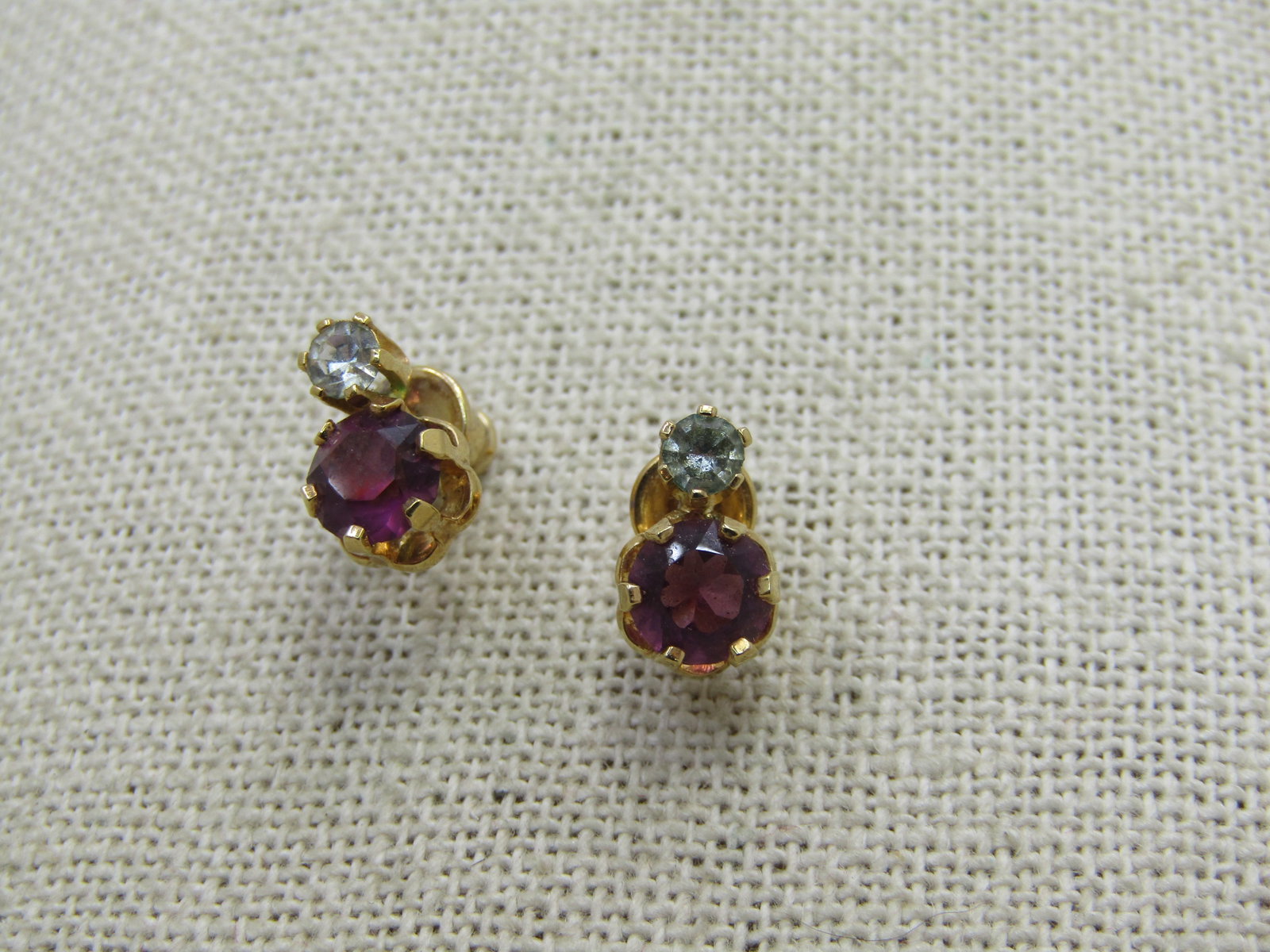 Vintage Purple Clear Rhinestone Earrings, Pierced, 1970's-1980's - 3