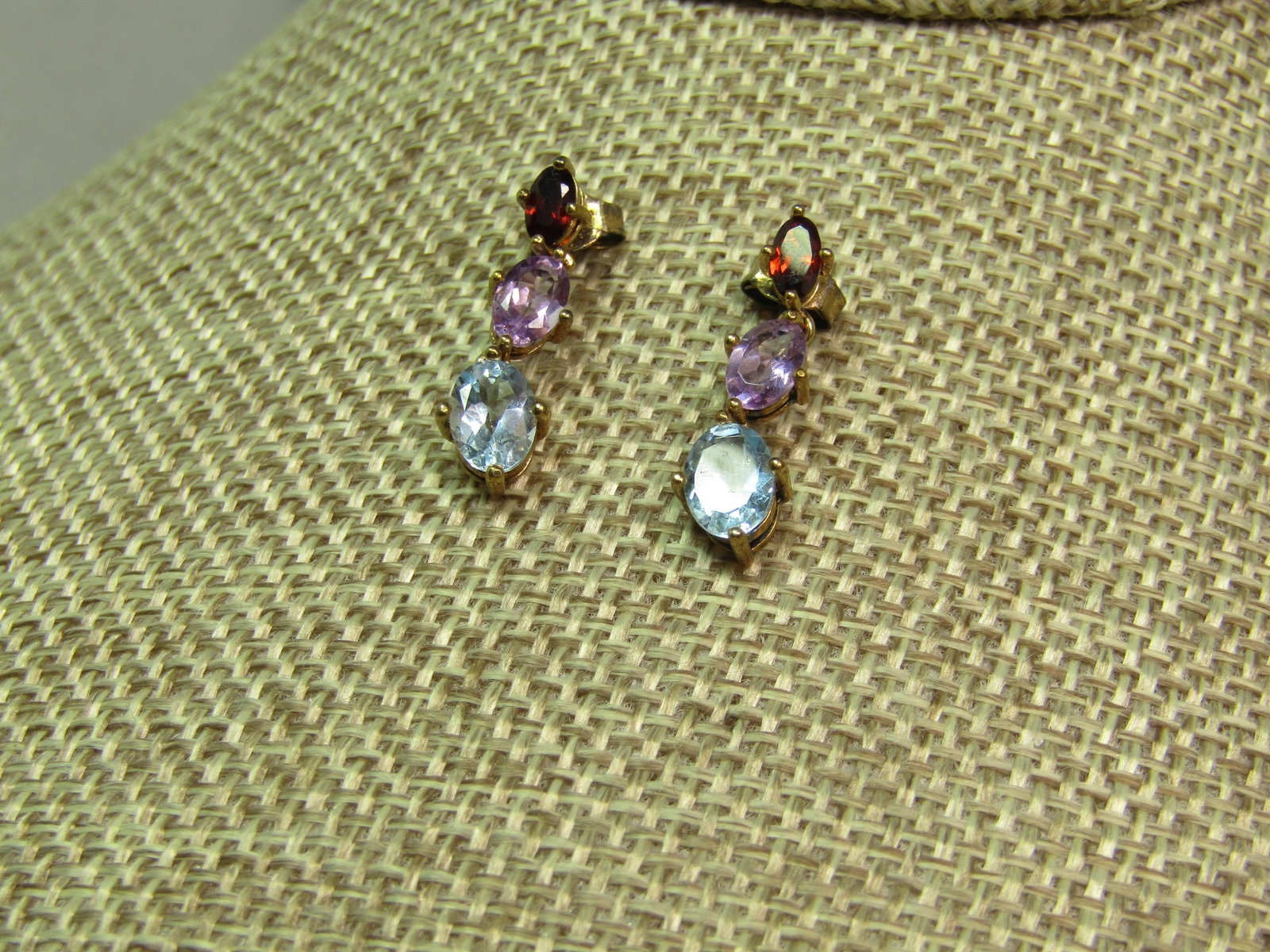 Vintage Sterling Gold Plated Gemstone Earrings, Blue Topaz, Amethyst, Garnet, 1980's-1990's. - 2