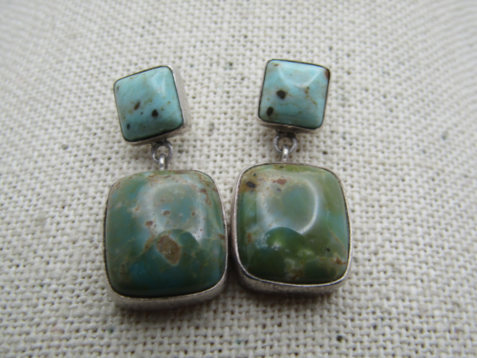 Vintage Sterling Turquoise Stud Dangle Earrings, 1970's-1980's, Southwestern: Vintage Sterling Turquoise Stud Dangle Earrings, 1970's-1980's, Southwestern. Square stud top and rounded corner rectangular drop. They are bezel-set. The top are a blue turquoise that is appx. 8.5mm