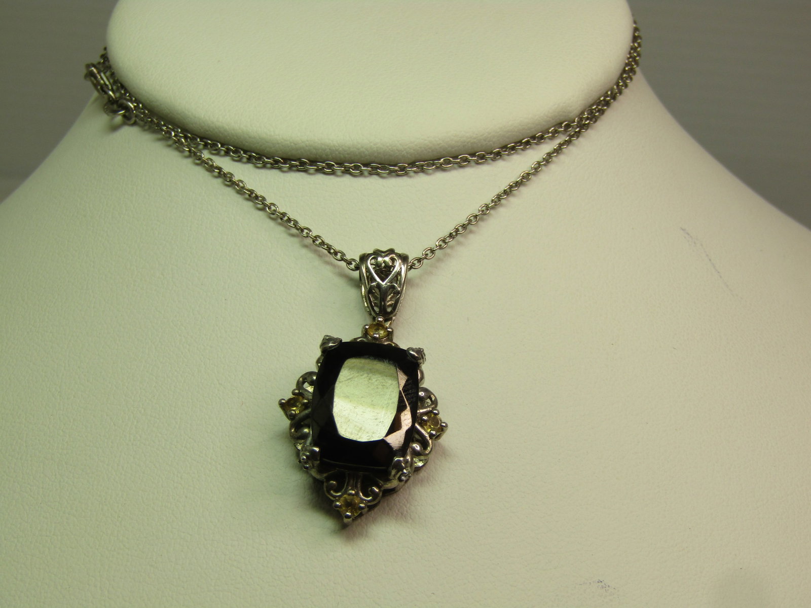 Sterling Onyx Citrine Necklace, 20", Signed STS, 1990's-2000: Sterling Onyx Citrine Necklace, 20", Signed STS, 1990's-2000. The chain and necklace are marked .925 and test as sterling with an appx. weight of 3.23 grams. The black stone on top is a cushion cut