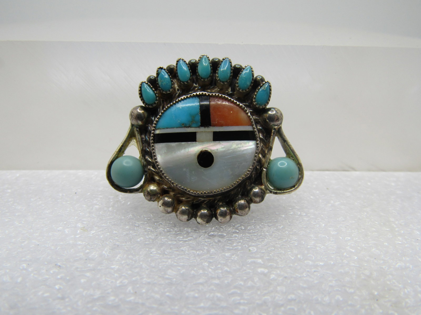 Vintage Sterling Zuni Sunface Slide/Buckle, 1960's-1970's: Vintage Sterling Zuni Sunface Slide/Buckle, 1960's-1970's. This has a double bracelet on the back - one is 1/3" wide and the other 5/8" wide. Turquoise tear-drop sawtooth bezel-set stones on the to