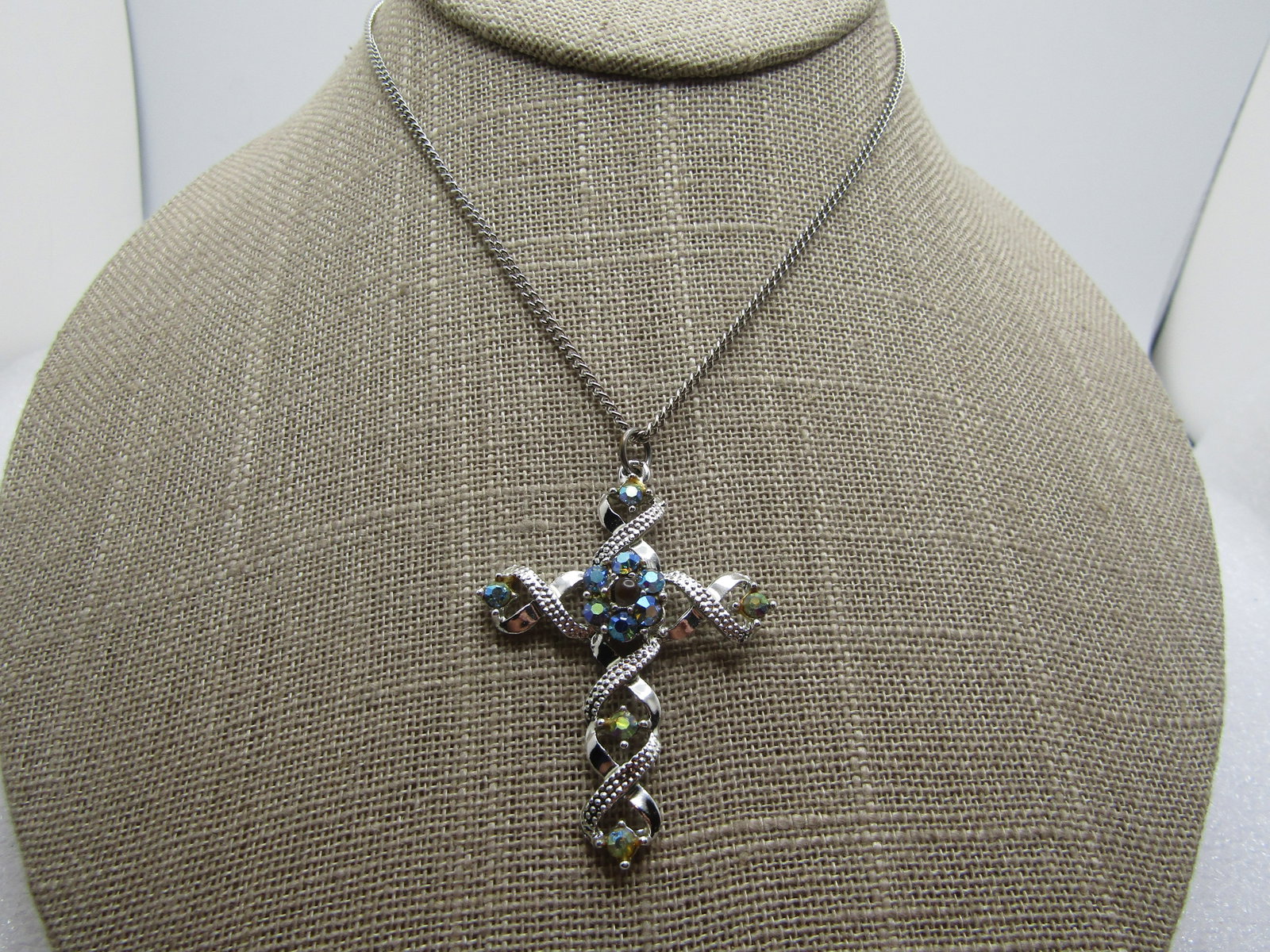 Vintage Rhinestone Cross Necklace, 16", Aurora Borealis. 1970's-1980's (1 of 6)