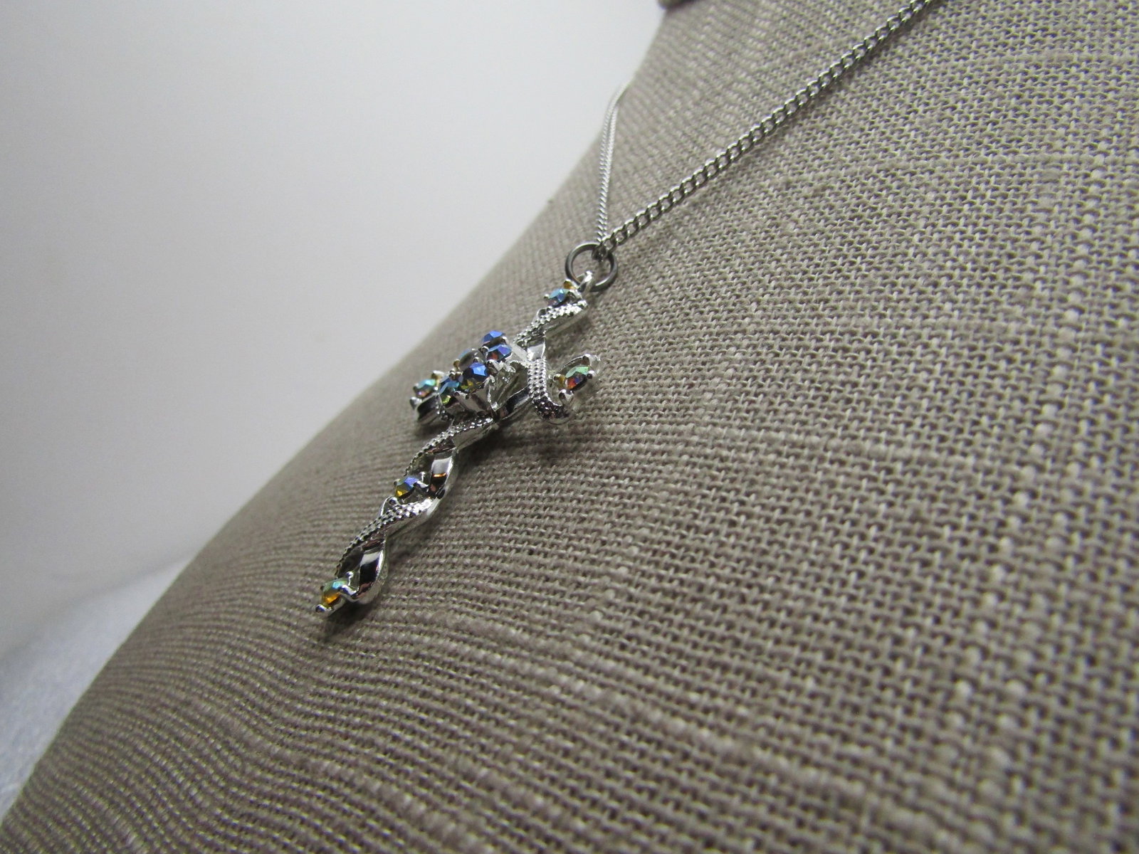 Vintage Rhinestone Cross Necklace, 16", Aurora Borealis. 1970's-1980's - 2