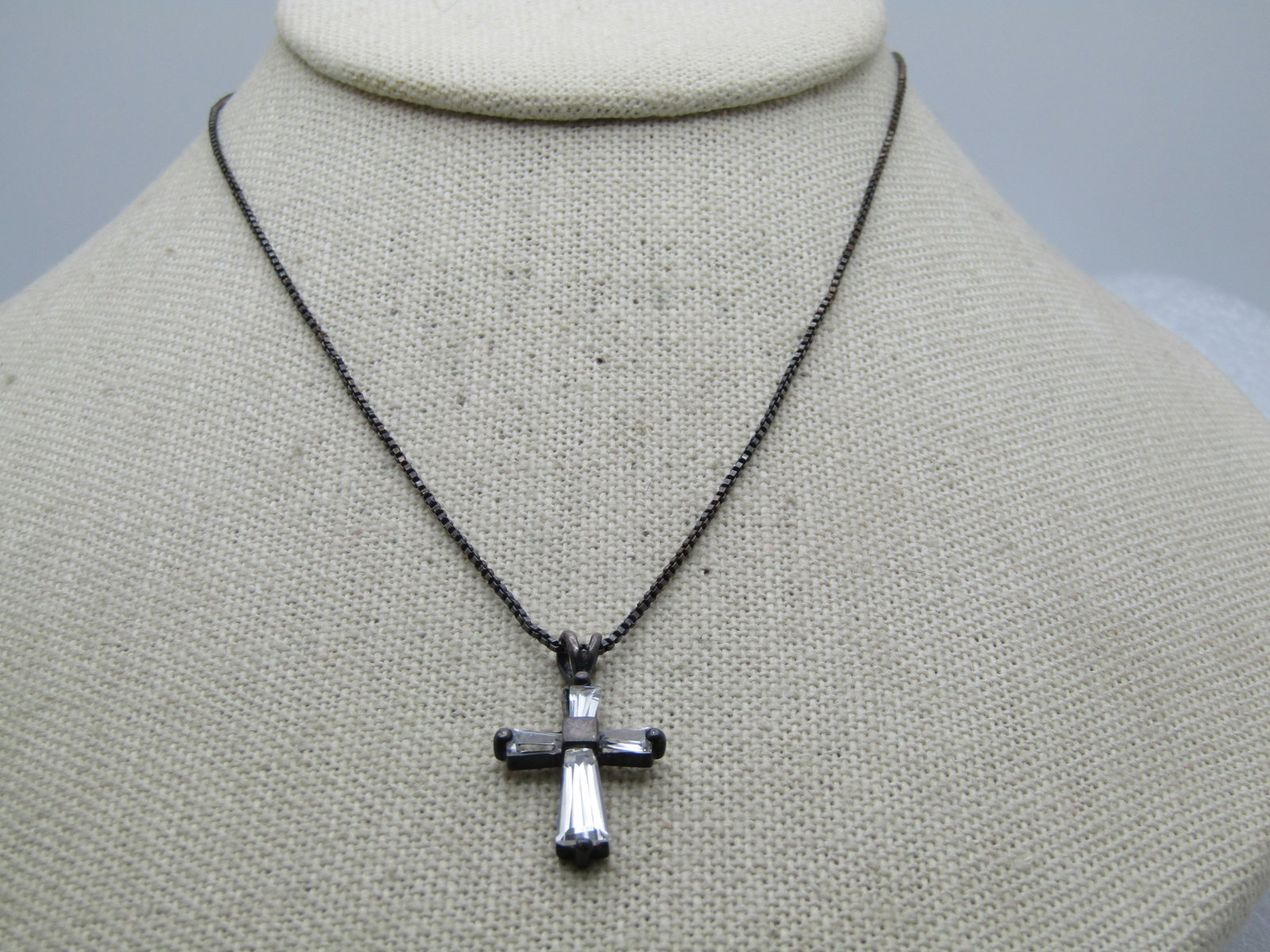 Vintage Sterling Rhinestone Cross Necklace, 18", 1980's - 2