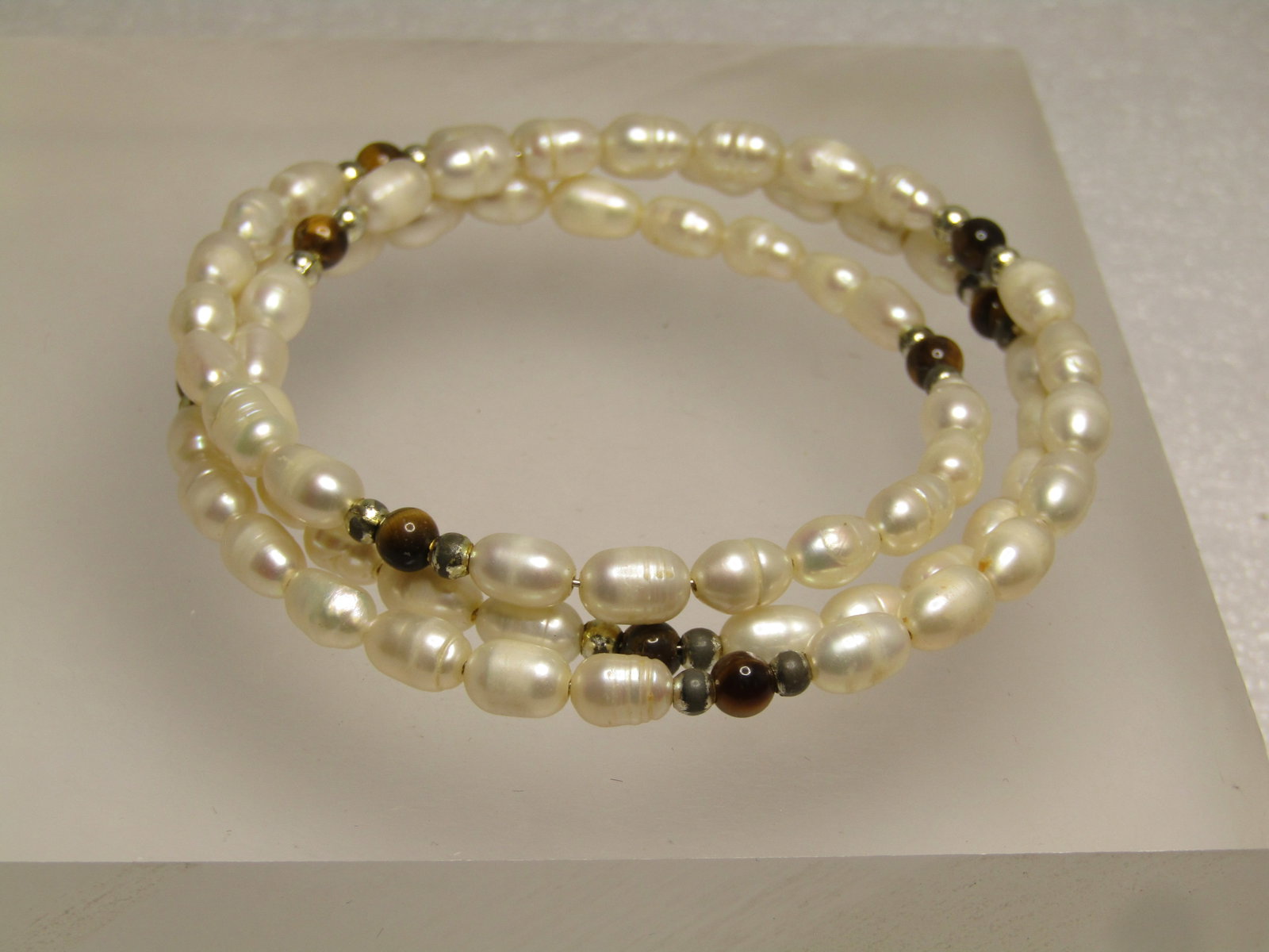 Vintage Freshwater Pearl & Tiger's Eye Bracelet, Wrapped/Coiled, 6.75"-8", 1980's-1990's (1 of 5)