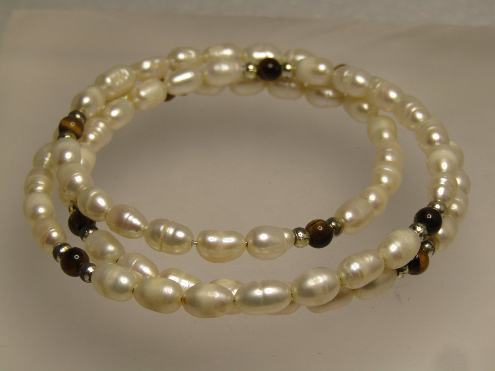Vintage Freshwater Pearl & Tiger's Eye Bracelet, Wrapped/Coiled, 6.75"-8", 1980's-1990's - 2