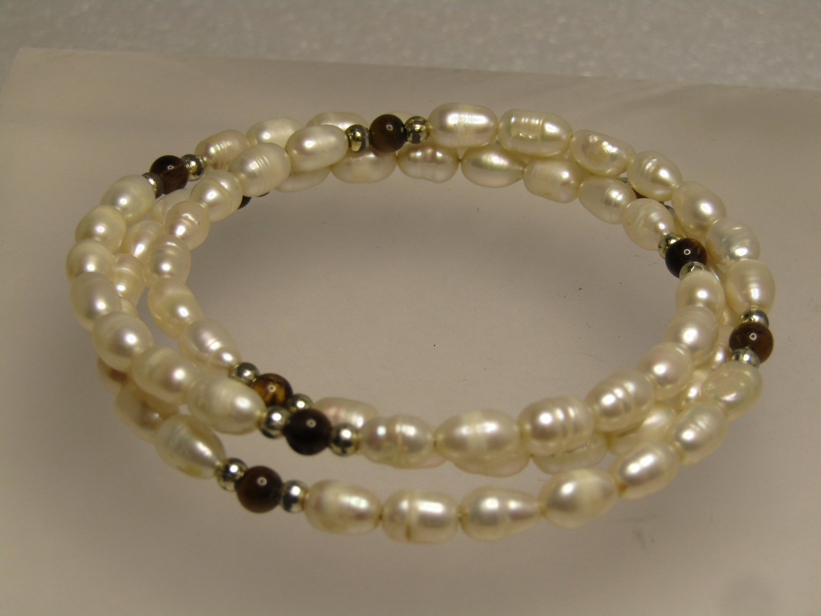 Vintage Freshwater Pearl & Tiger's Eye Bracelet, Wrapped/Coiled, 6.75"-8", 1980's-1990's - 3