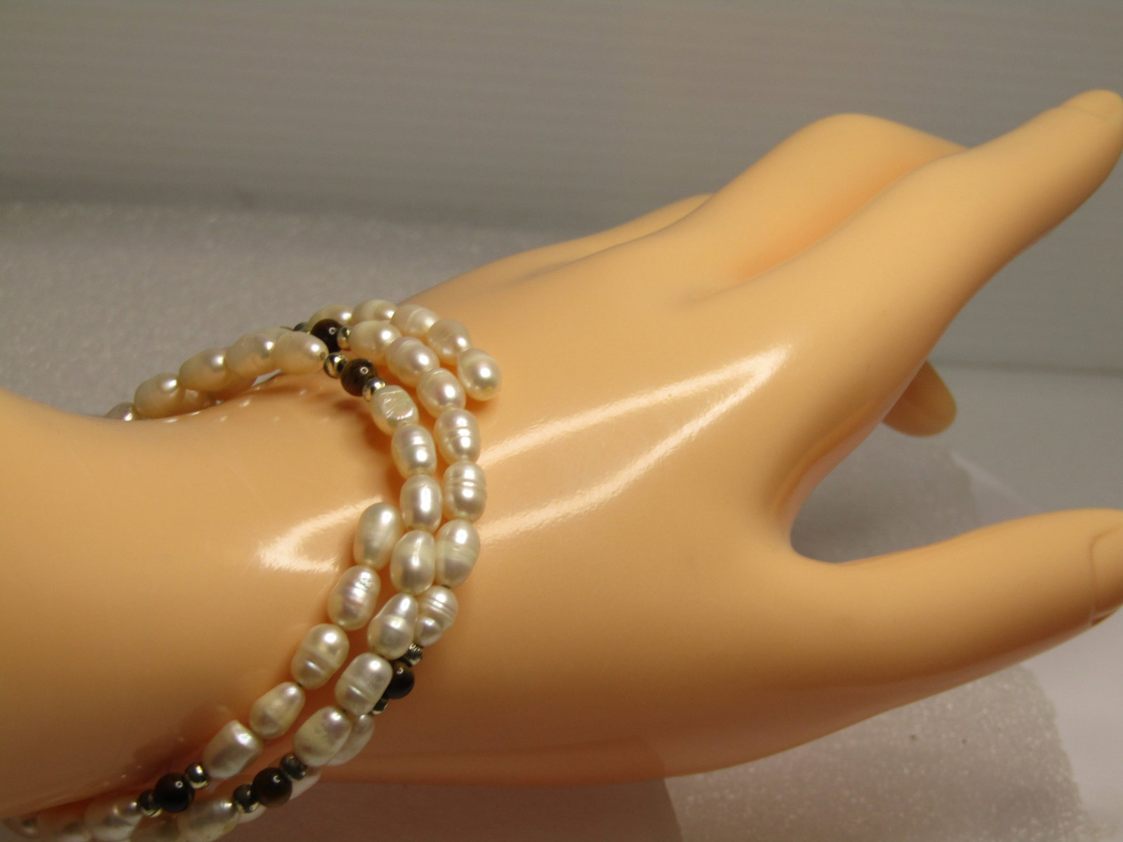 Vintage Freshwater Pearl & Tiger's Eye Bracelet, Wrapped/Coiled, 6.75"-8", 1980's-1990's - 5