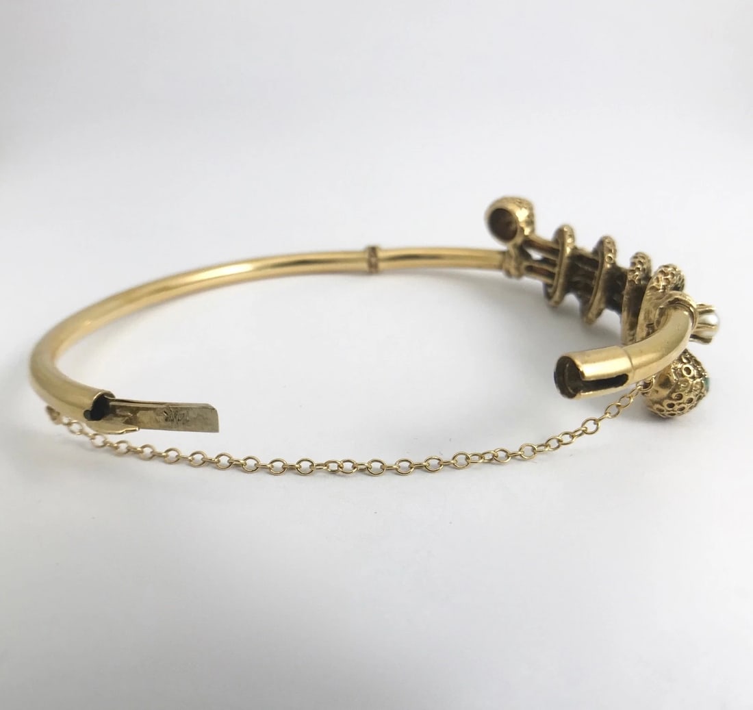 Victorian Revival Pearl Turquoise Bangle Bracelet 14K Yellow Gold, 20.39 Gr - 9